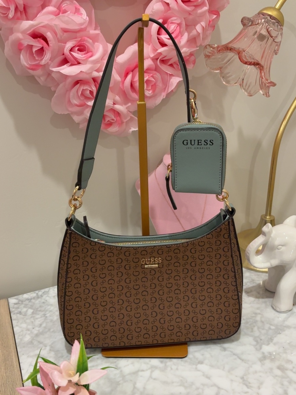 GUESS Brown Monogram Shoulder Bag with Mint Green Accent and Coin Pouch